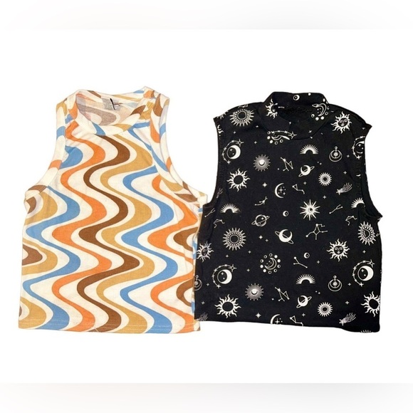 Bundle Of 2 Women's Cropped Tank Top Ribbed Celestial Lounge Wear comfy crop top - Picture 1 of 6